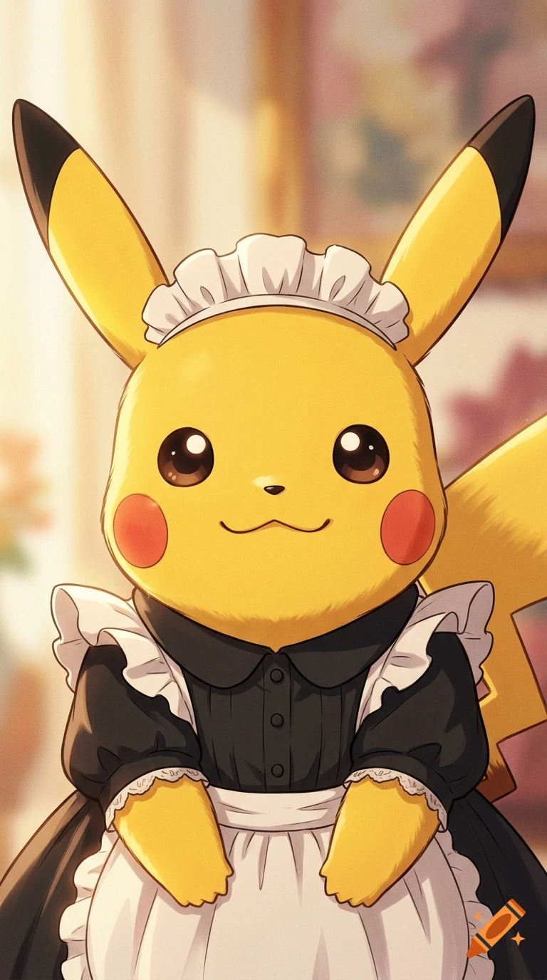 Close-up portrait of Pikachu wearing a black maid dress and frilly headpiece in an anime style.