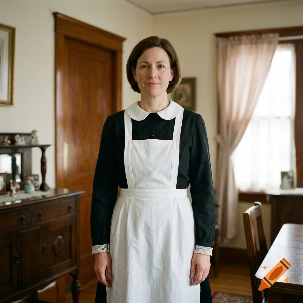 Mid-length photo of a woman in a vintage maid costume with a white apron and cap, standing inside a traditional house.