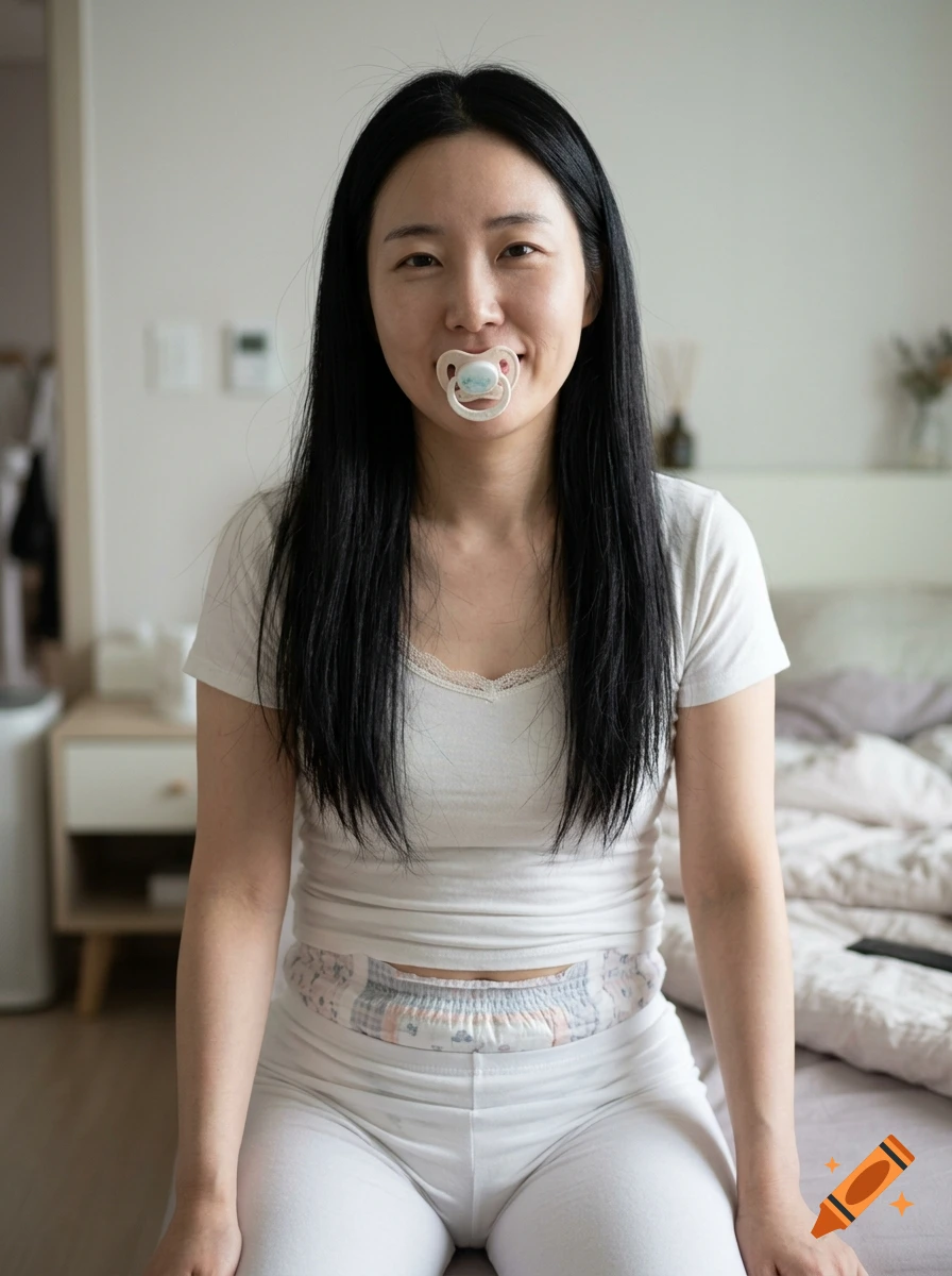 Photorealistic portrait of a young woman with black hair smiling with a pacifier in her mouth, sitting in a bedroom.