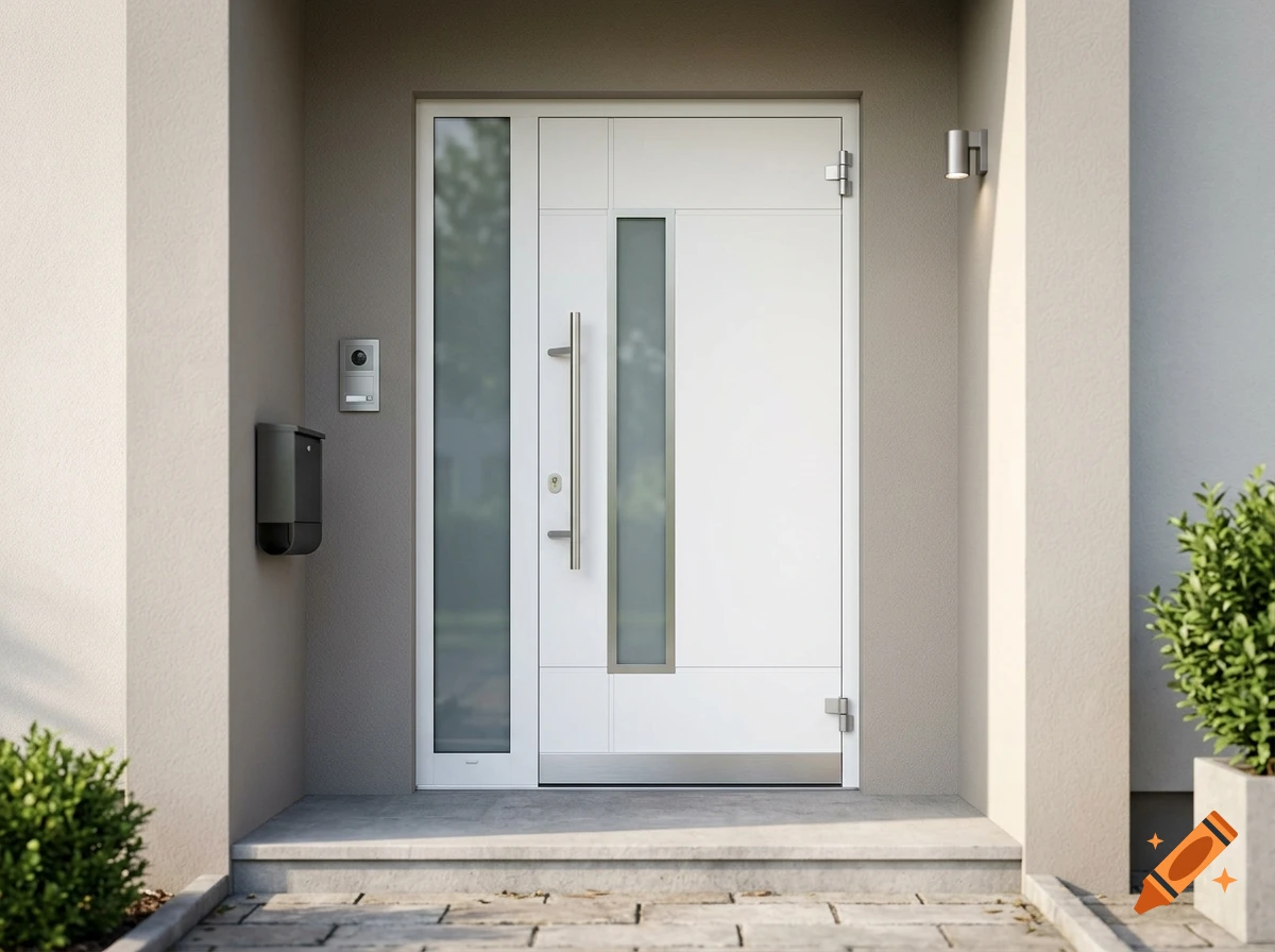 Photorealistic image of a modern white front door with a vertical glass panel and handle, set in a light grey entranceway.