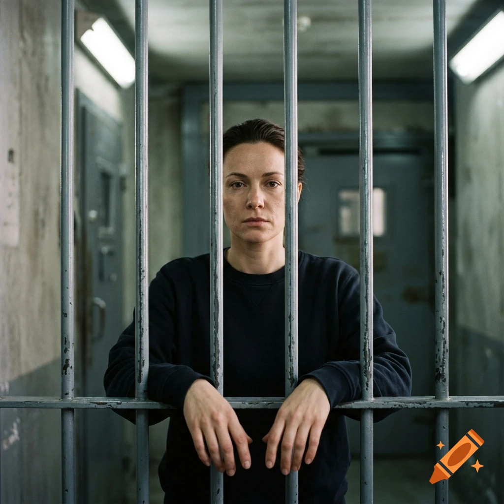 A photorealistic portrait of a woman looking through prison bars in a dimly lit cell.