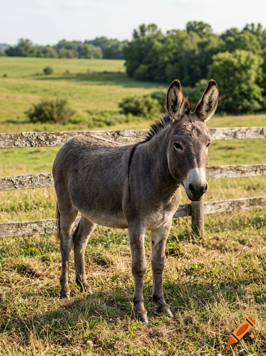 A photorealistic grey donkey standing in a grassy field with a wooden fence and trees in the background.