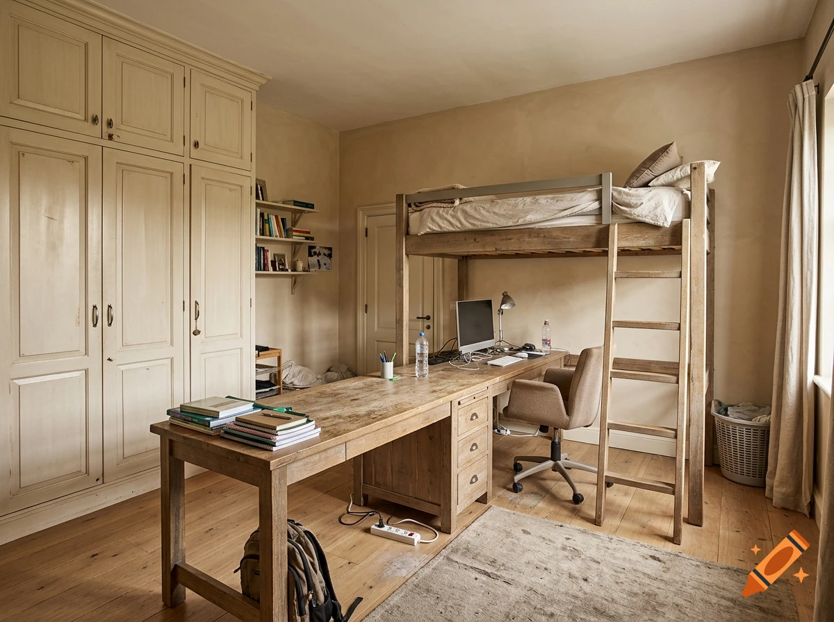 Photorealistic beige bedroom with a large wooden loft bed, a massive wooden desk, and a built-in wardrobe.