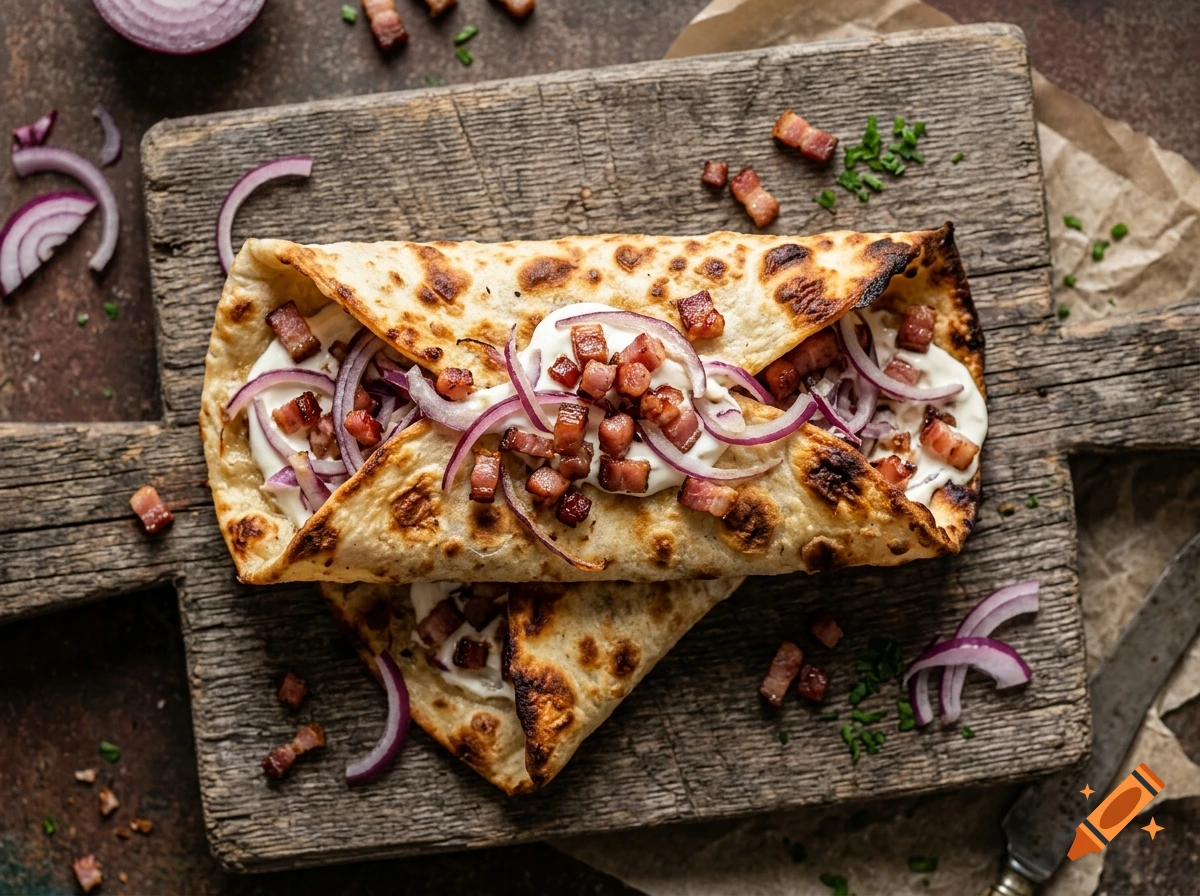 Photorealistic top-down view of a crispy flammkuchen wrap with sour cream, red onions, and bacon bits on a rustic wooden board.