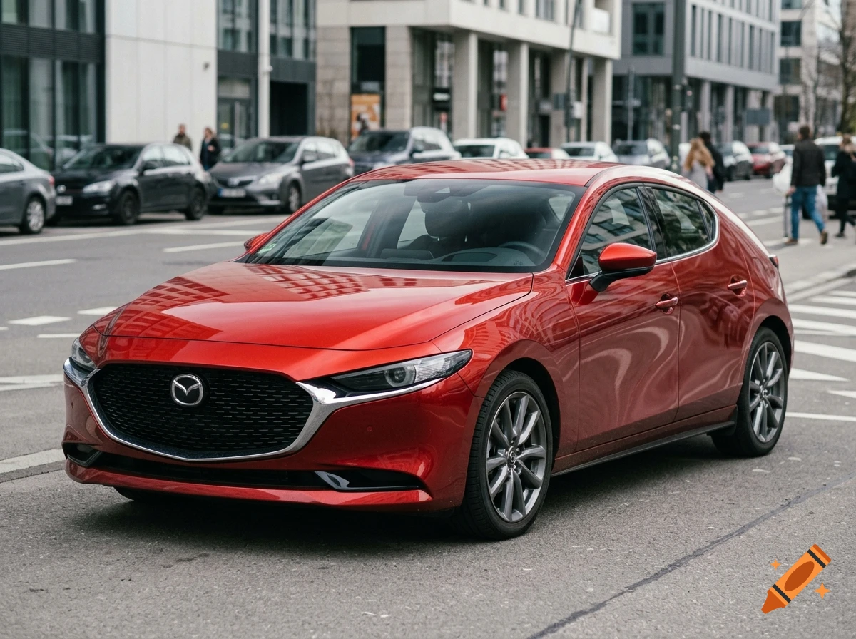 Photorealistic red hatchback car parked on a city street.