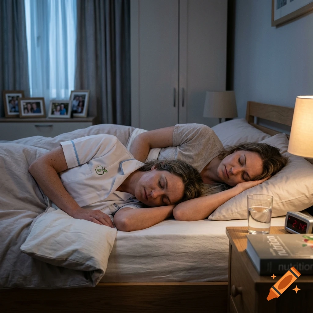 Two women sleeping in a bed together at night, one wearing a nurse uniform, with a digital clock and a nutrition book on the bedside table.