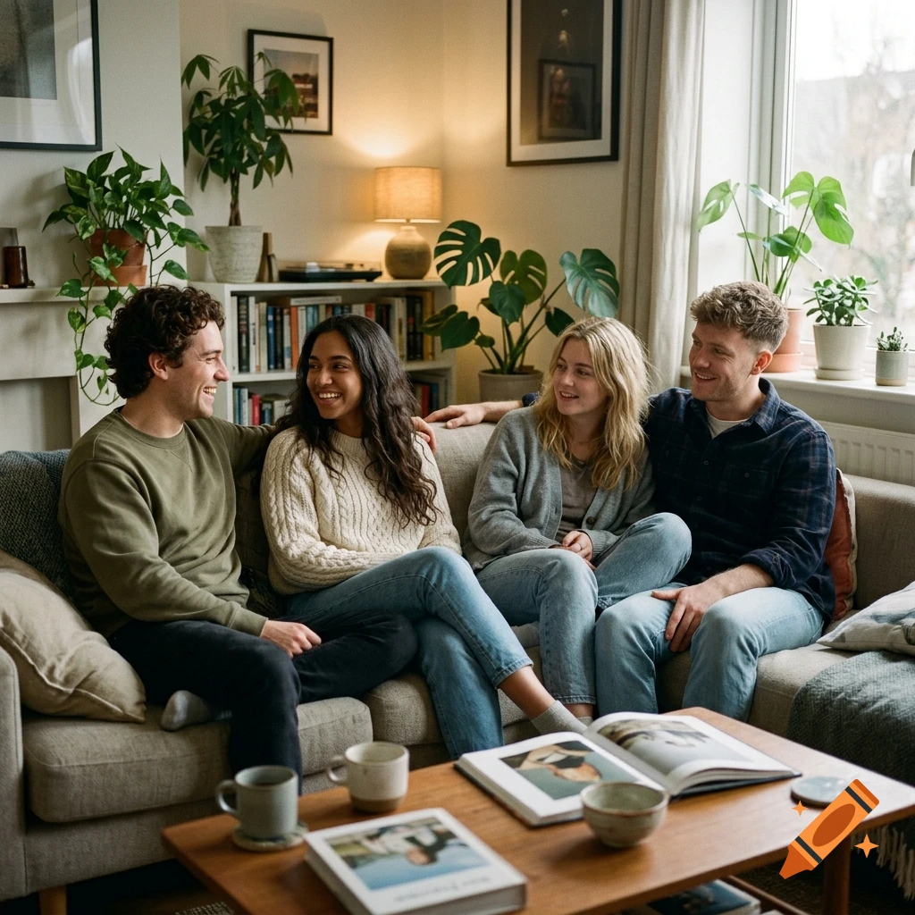 Four young adults smiling and sitting together on a couch in a living room filled with plants.