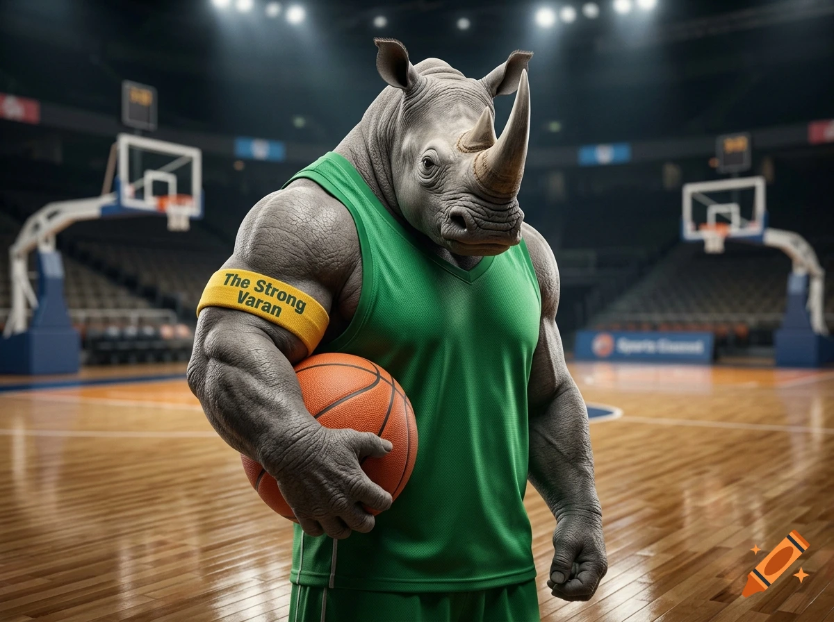 A muscular anthropomorphic rhinoceros in a green jersey holds a basketball on a basketball court inside a stadium.