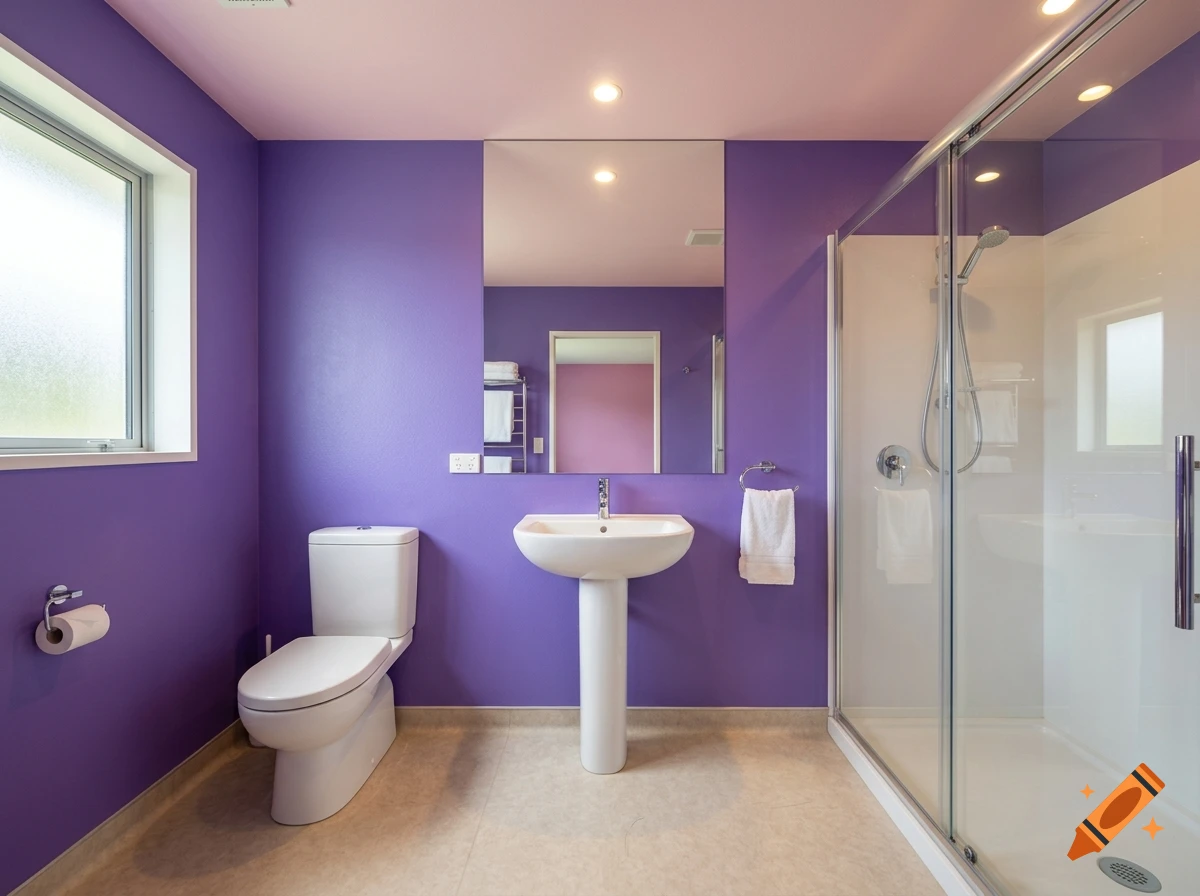 Modern bathroom with vibrant purple walls, a pink ceiling, white toilet, pedestal sink, and a glass-enclosed shower.