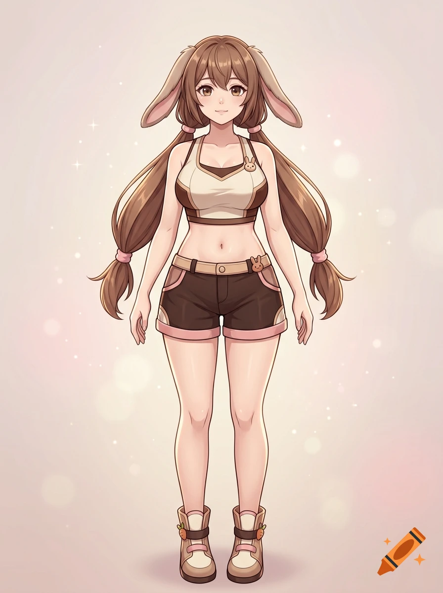 An anime-style illustration of a smiling girl with brown twin-tails and long bunny ears, wearing a crop top and shorts.