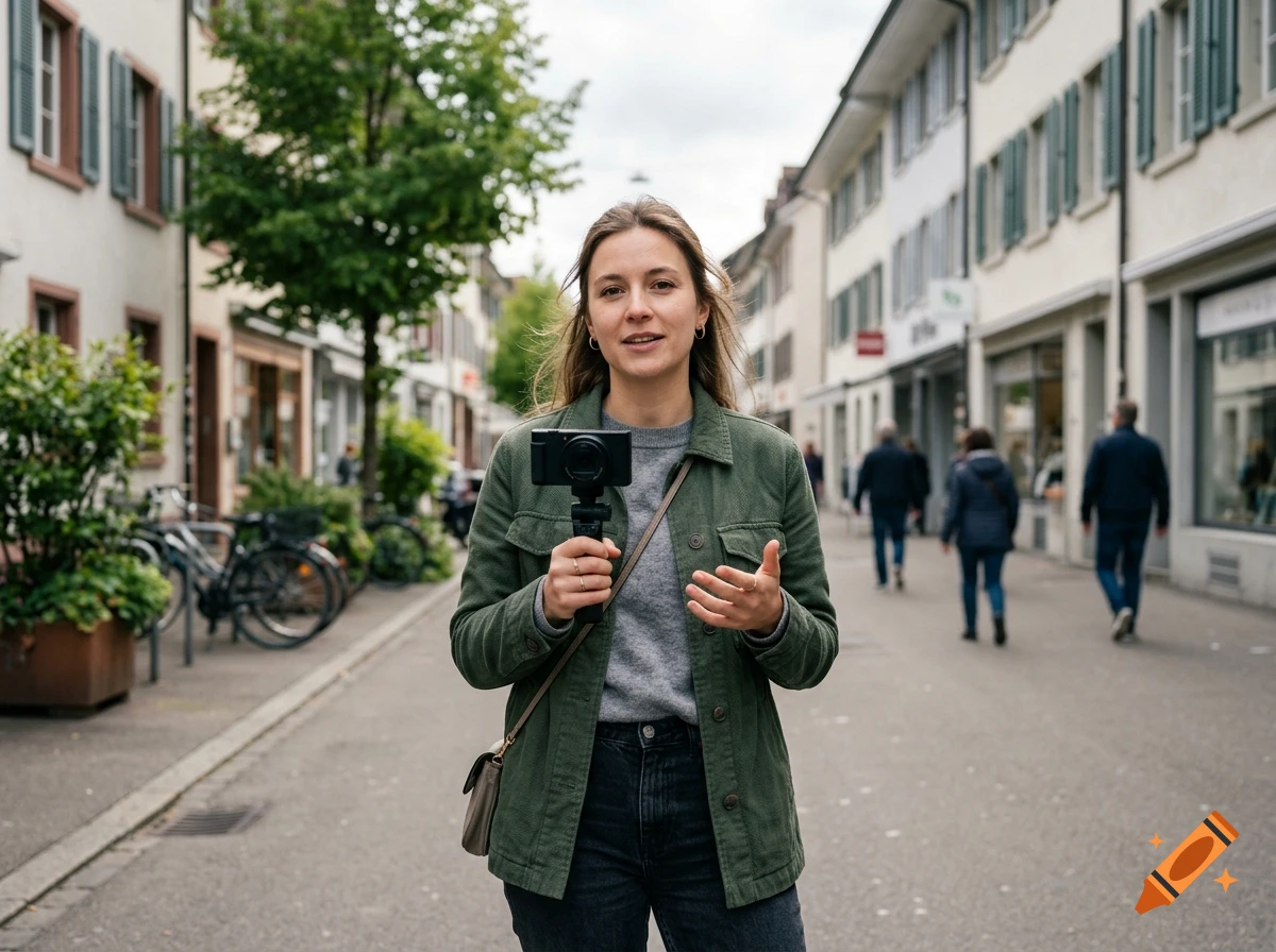 A woman holding a compact camera on a handheld gimbal while talking on a city street.