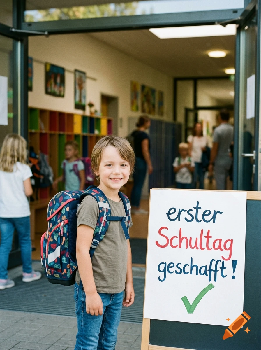 Young boy with backpack smiling next to a sign that says 'erster Schultag geschafft!'