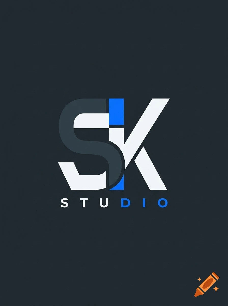 Minimalist graphic logo with the letters S and K intertwined, featuring the word STUDIO below in a dark theme.