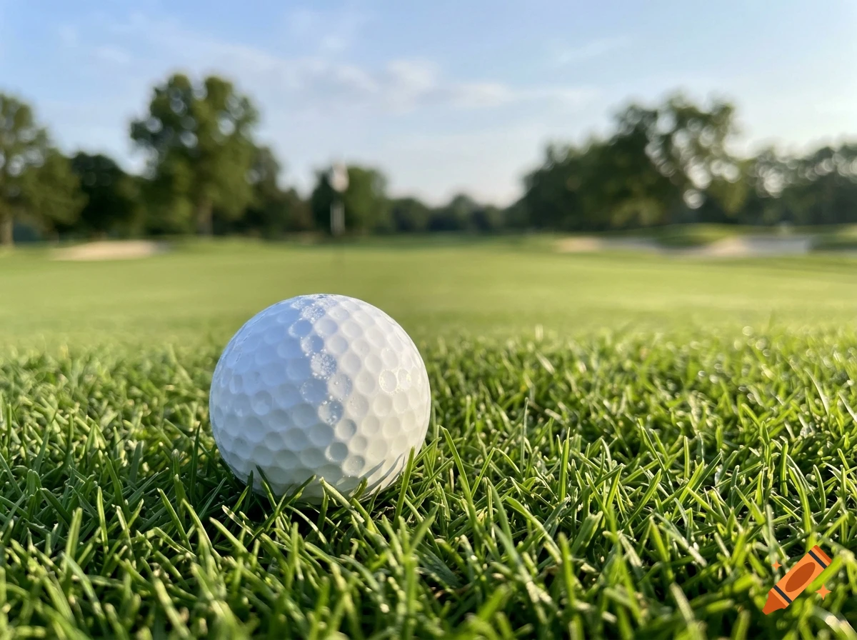 A close-up shot of a white golf ball resting on the green grass of a golf course under a bright sky.