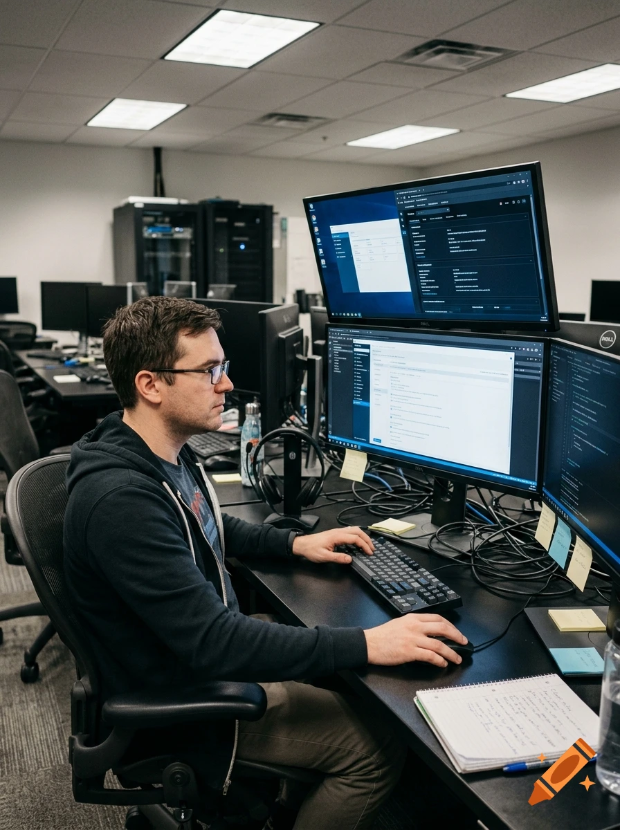 Photorealistic image of a man wearing glasses and a dark hoodie working at a desk with multiple monitors in an office setting.