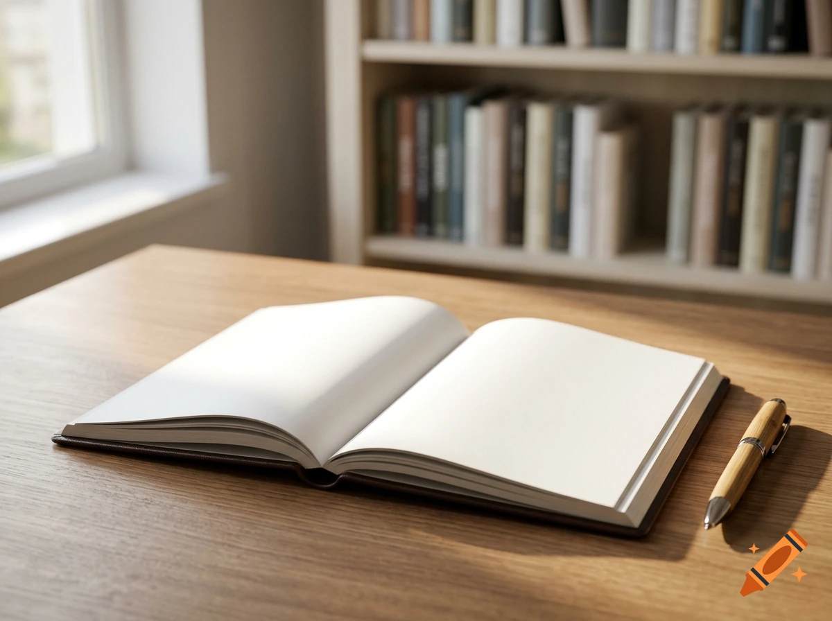 An open blank notebook and a pen on a wooden desk with a bookshelf in the background, photorealistic.