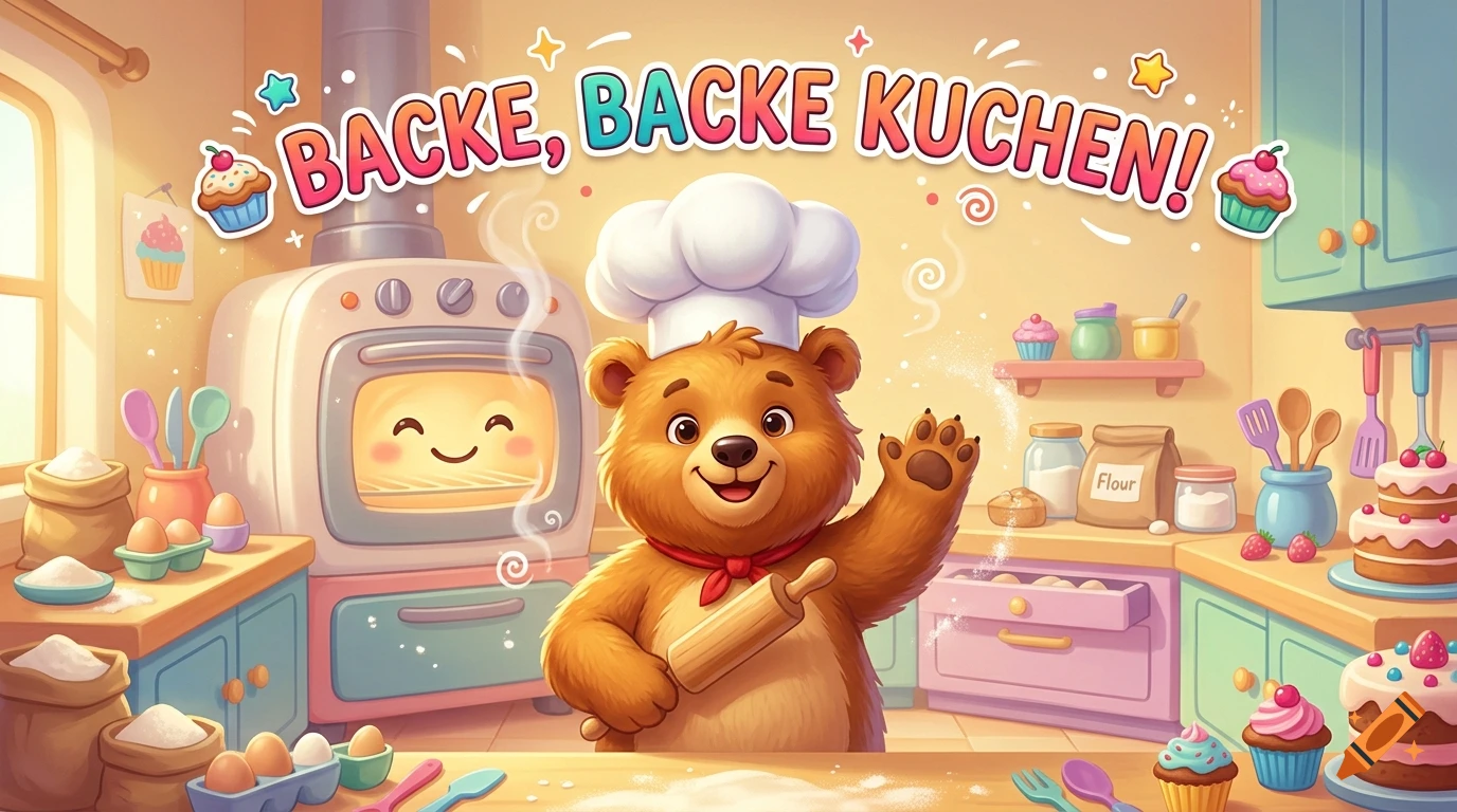An illustration of a happy cartoon bear wearing a chef hat in a colorful kitchen, waving and holding a rolling pin, with text above saying 'BACKE, BACKE KUCHEN!'.