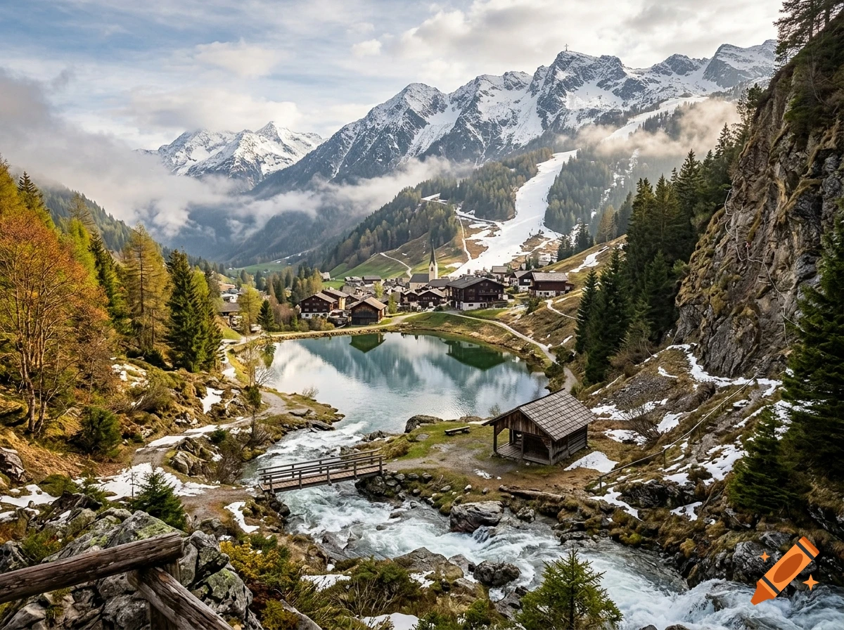 Photorealistic mountain landscape with a calm lake, wooden bridge, flowing river, snowy peaks, and a small alpine village under cloudy sky.