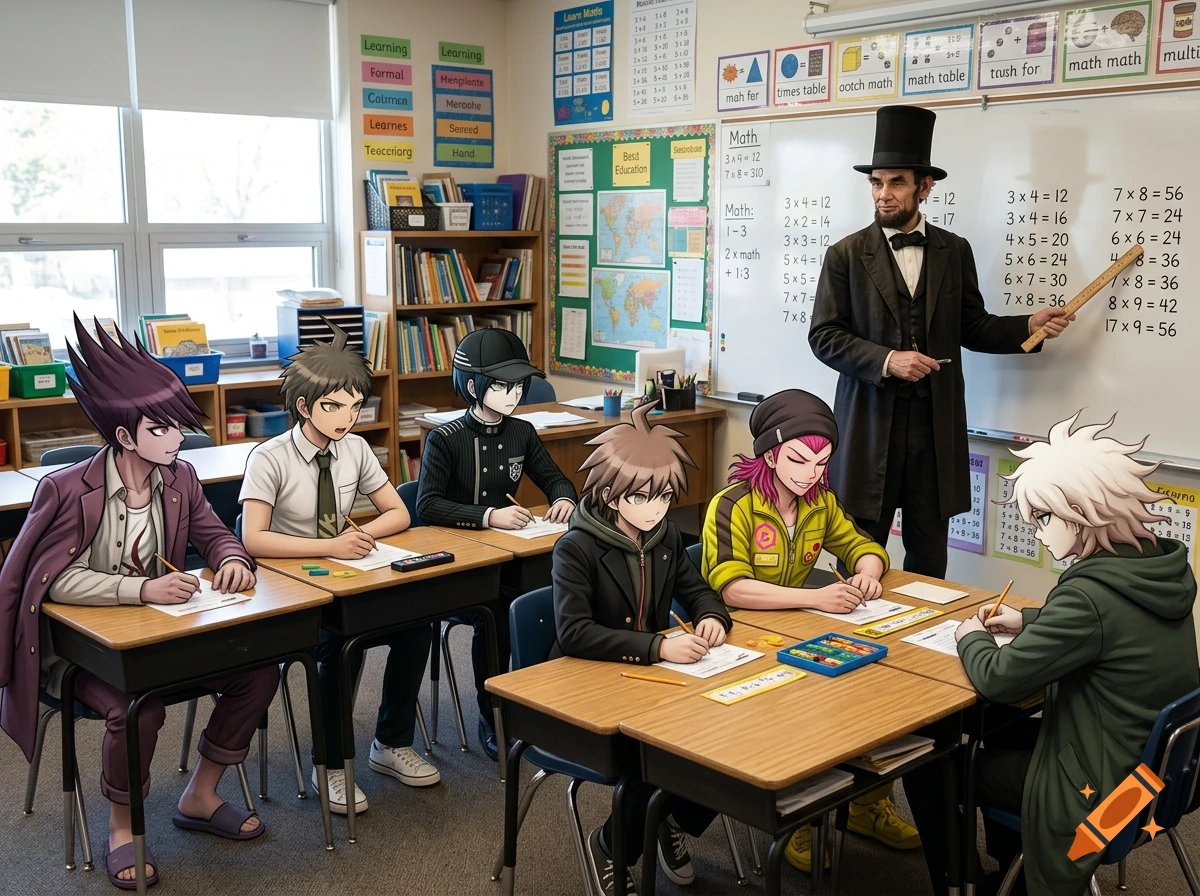 Anime characters sitting at desks in a classroom with Abraham Lincoln teaching multiplication on a whiteboard, photorealistic style.