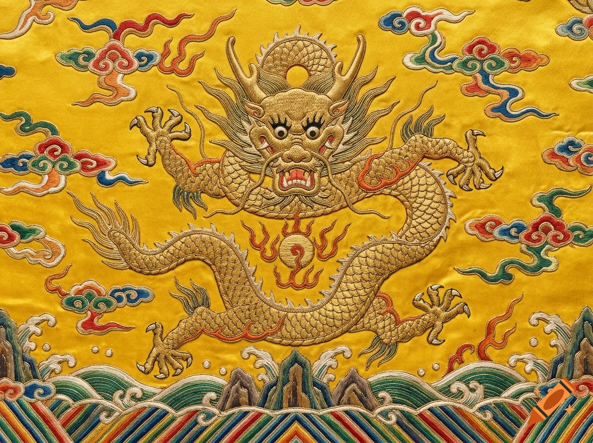 Embroidered golden Chinese imperial dragon on bright yellow silk with clouds and waves, photorealistic macro.