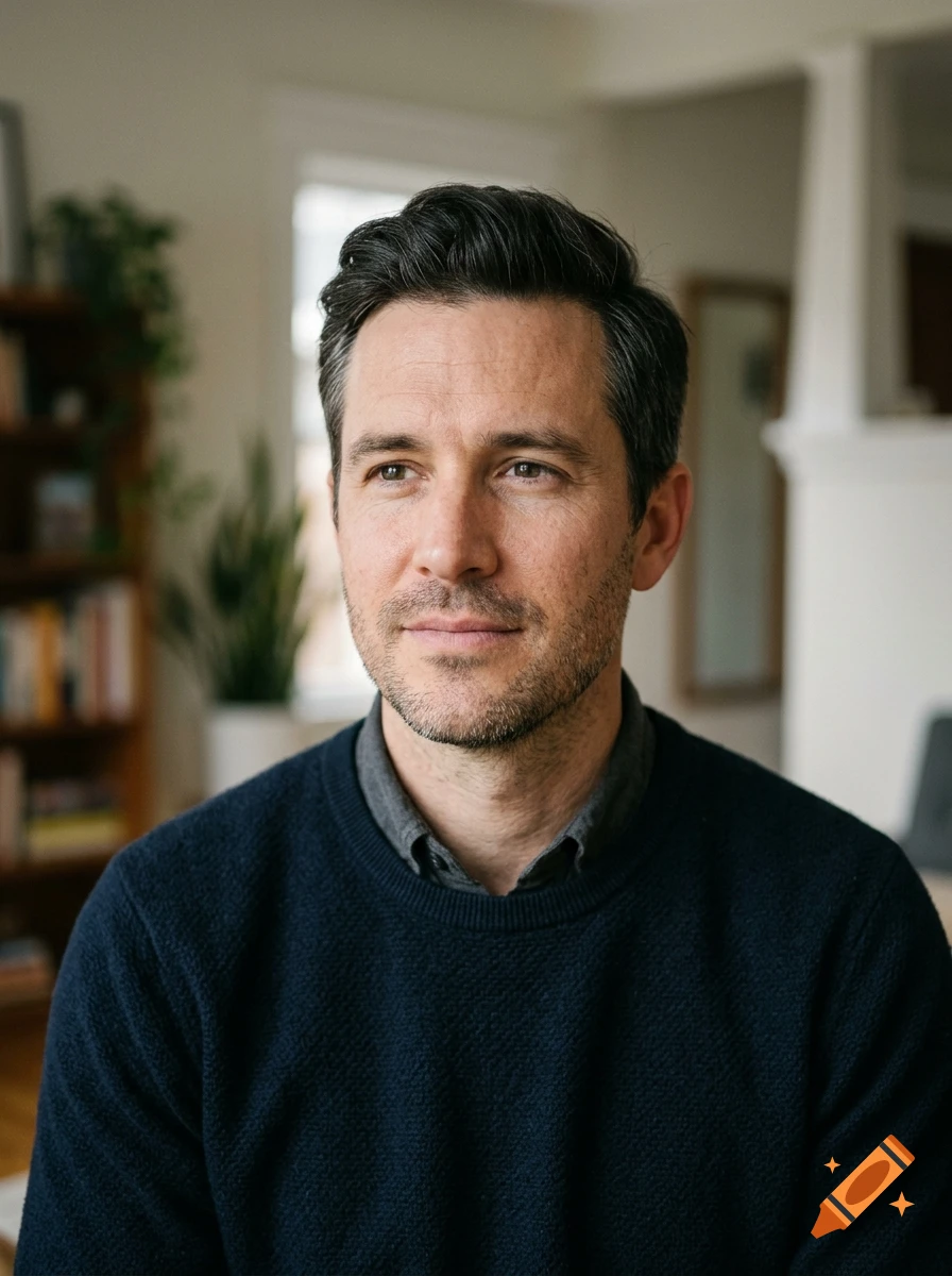 Close-up portrait of a man with dark hair and a beard, wearing a dark blue sweater indoors.