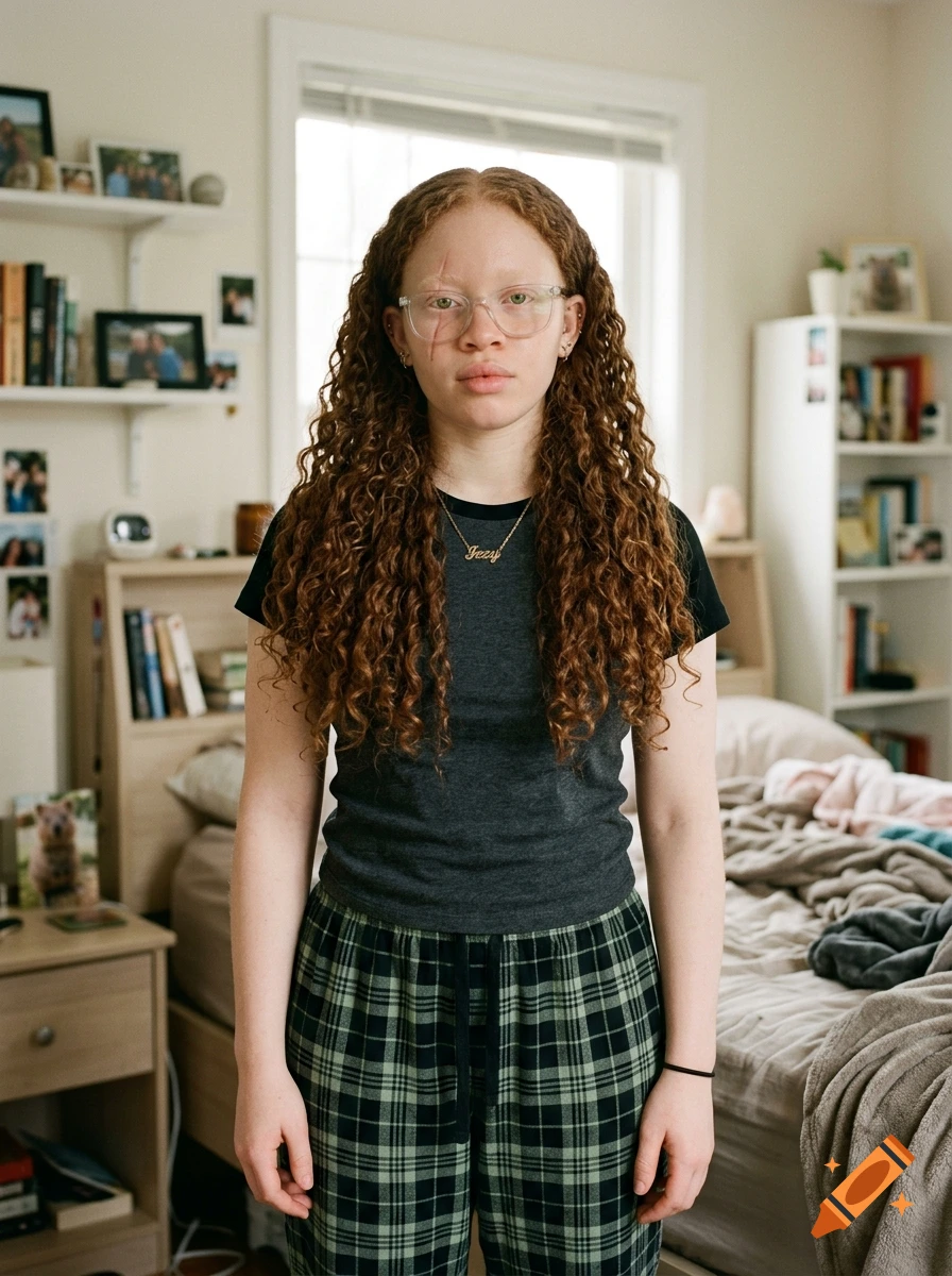 Photorealistic portrait of a young woman with curly copper-brown hair, green glasses, and a scar, standing in a bedroom.
