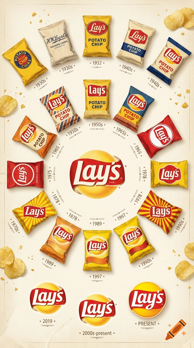 An artistic timeline display of historical and modern Lay's potato chip bags and logos arranged chronologically.