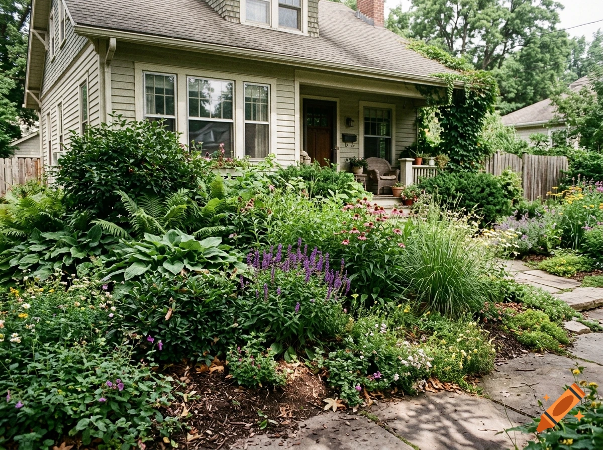 Photorealistic image of a two-story house with a large, lush garden filled with diverse plants and flowers in the front yard.