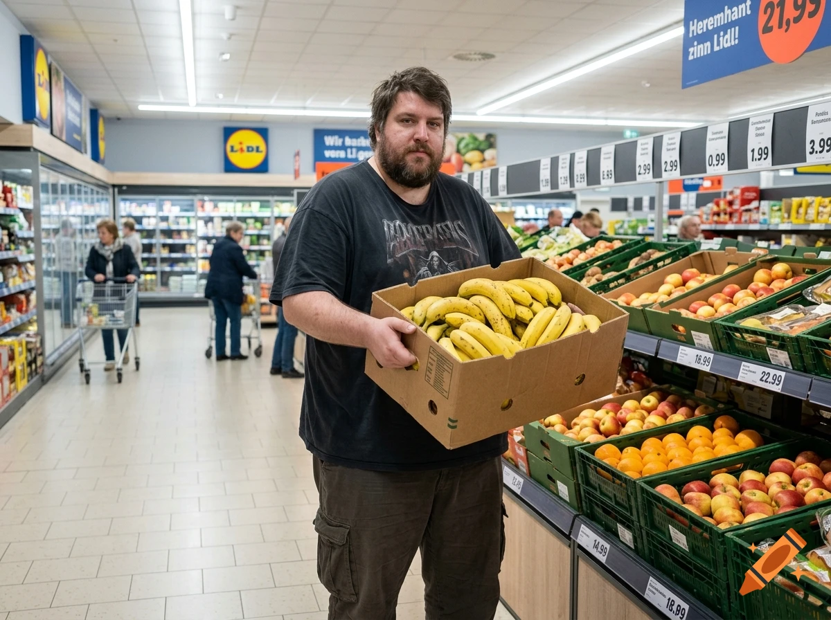 Photorealistic image of a man holding a box of bananas in a supermarket aisle.