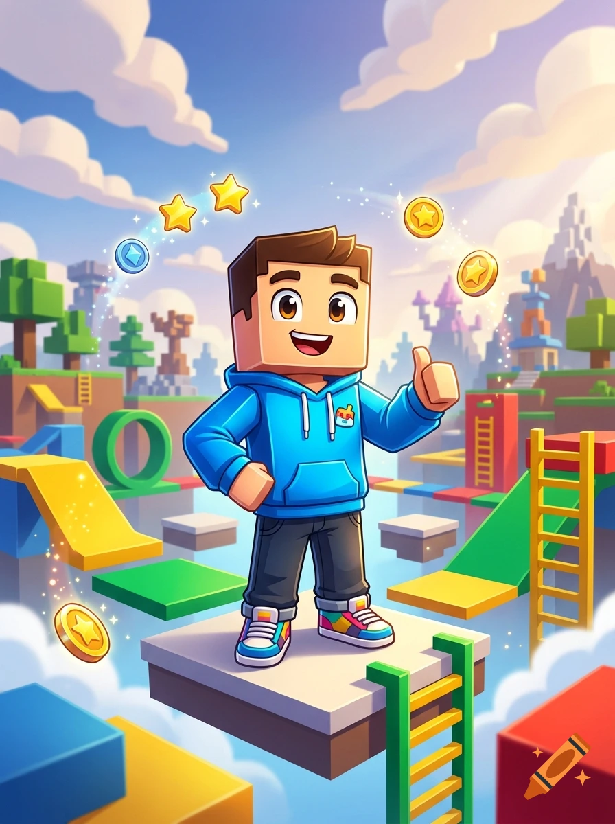 3D digital illustration of a blocky character standing on a platform in a colorful video game world with stars and coins.