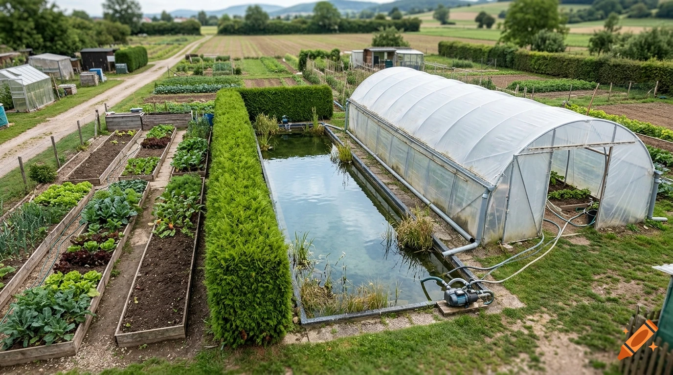 High angle photograph of a vegetable garden with raised beds, a long narrow water pond, and a large greenhouse tunnel.