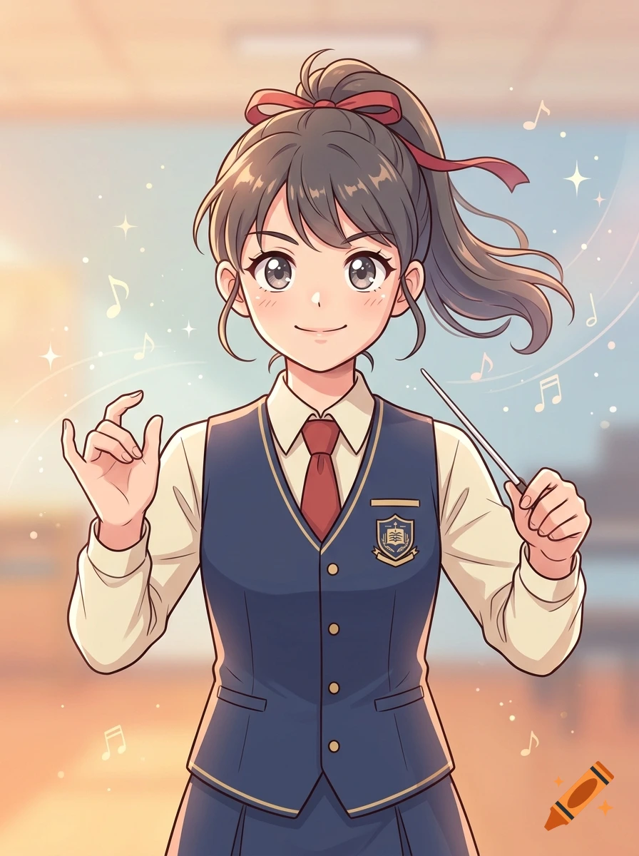 Anime-style illustration of a smiling schoolgirl in a vest holding a conductor's baton surrounded by musical notes.