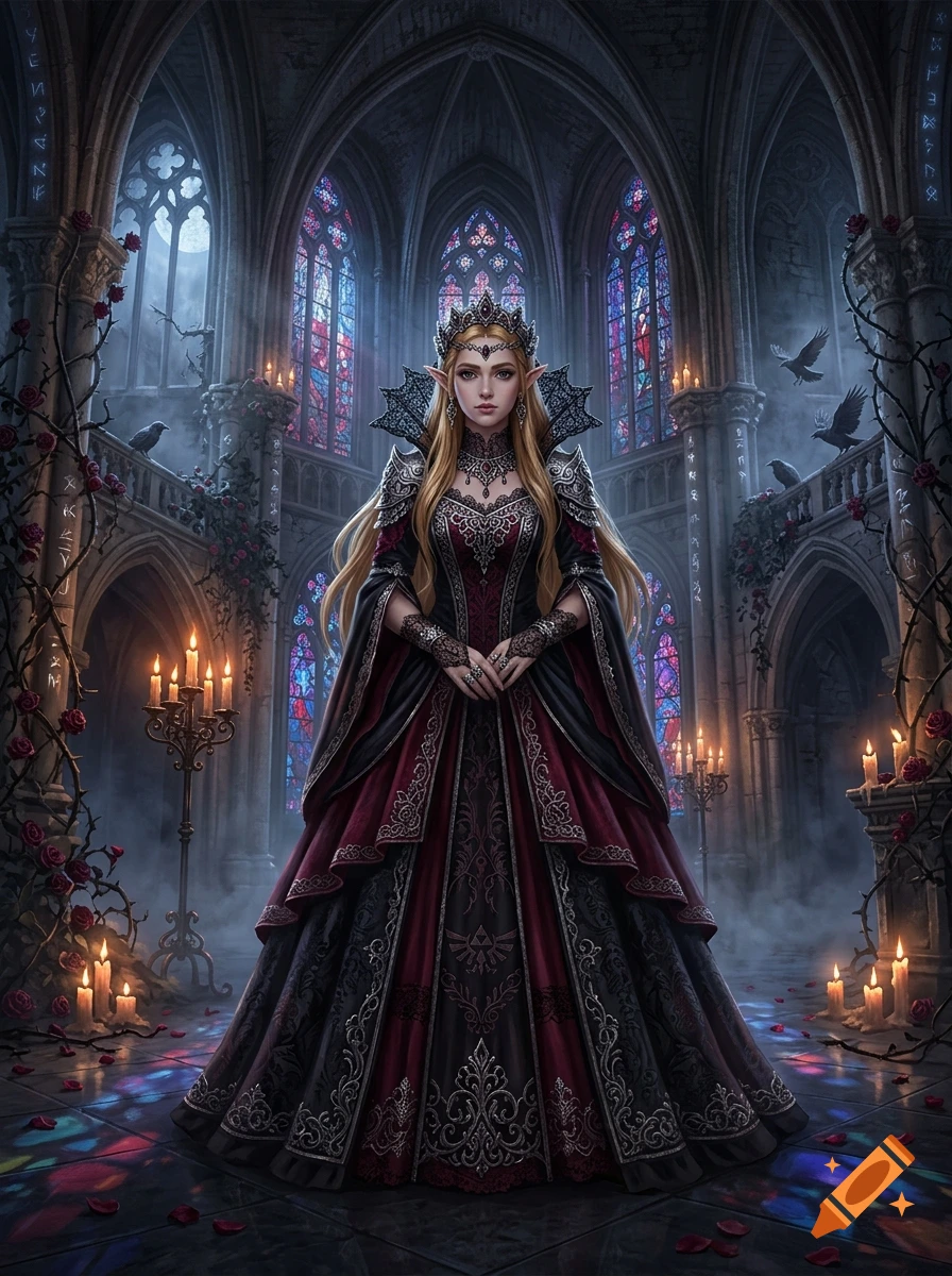 Digital illustration of Princess Zelda in a gothic-style cathedral, wearing a dark red and black gown with intricate details and a crown.