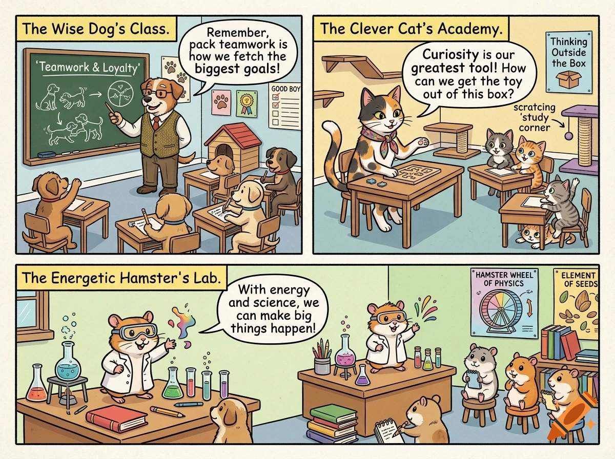A three-panel comic strip showing a dog teaching students, a cat in a classroom, and a hamster in a science lab.