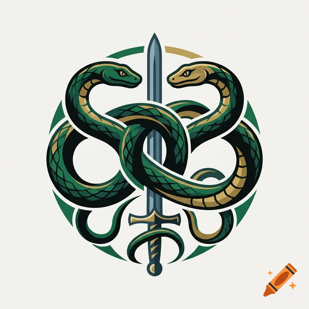 Vector illustration of two green snakes intertwined around a blue sword inside a circular crest on a light background.