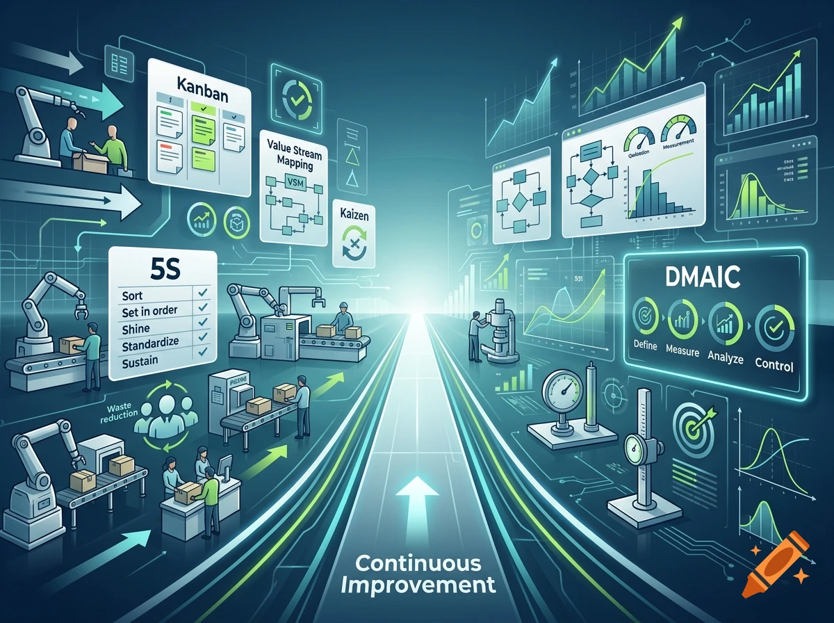 An illustrated perspective view of a continuous improvement pathway featuring Lean Six Sigma tools like 5S, Kanban, VSM, and DMAIC with robotic assembly lines and data charts.
