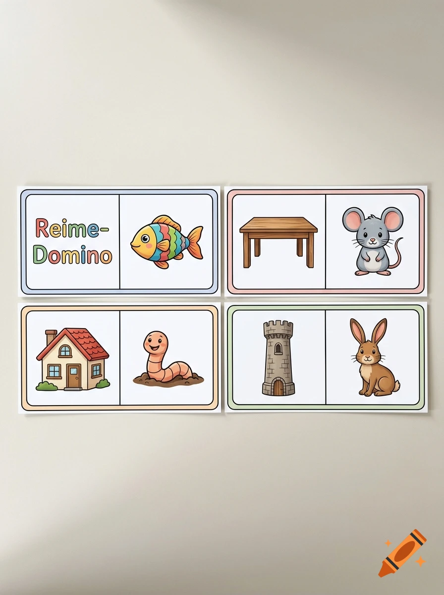 Four educational domino cards featuring illustrations of a fish, a table, a mouse, a house, a worm, a castle, and a rabbit, with German text.