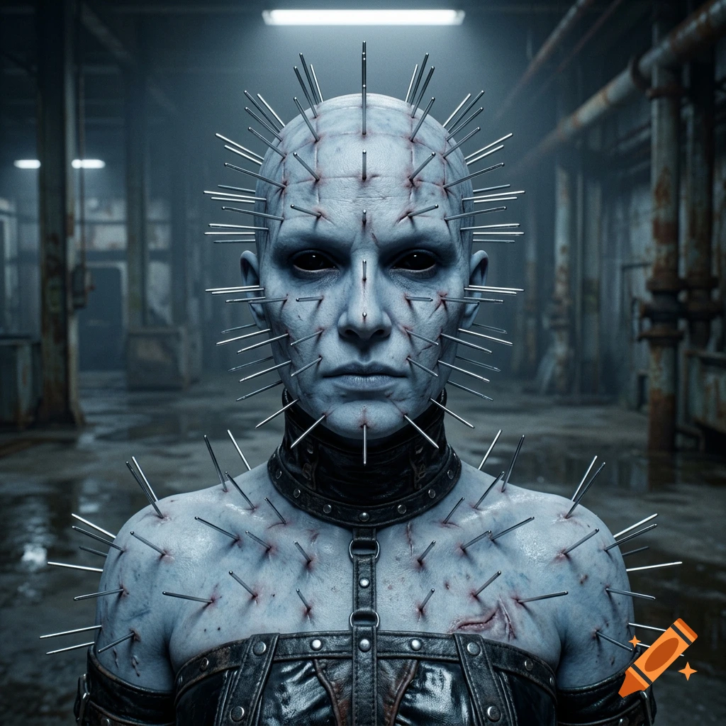 Photorealistic portrait of a female cenobite with needles embedded in her blueish-white flesh and pure black eyes, standing in an industrial hallway.