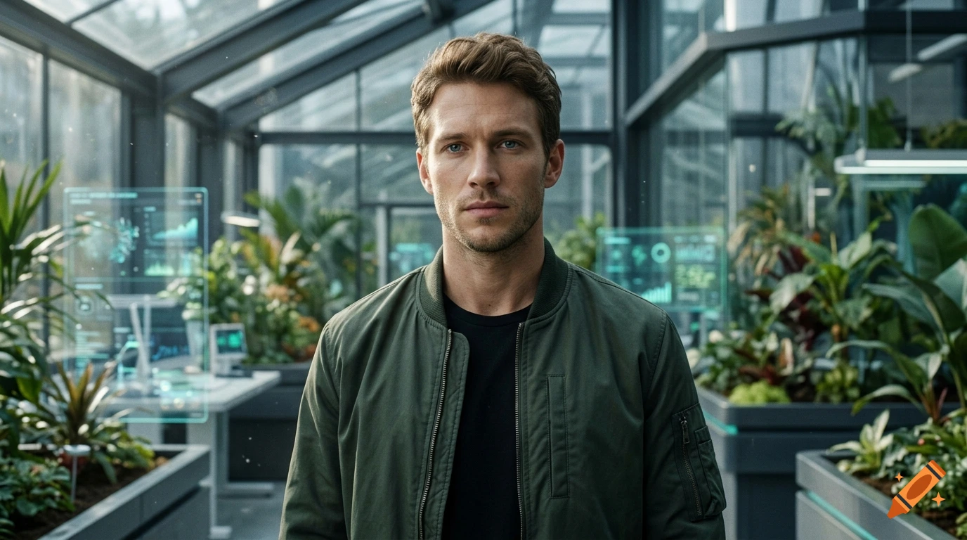 Cinematic portrait of a young man with light brown hair in a futuristic high-tech greenhouse, photorealistic style.