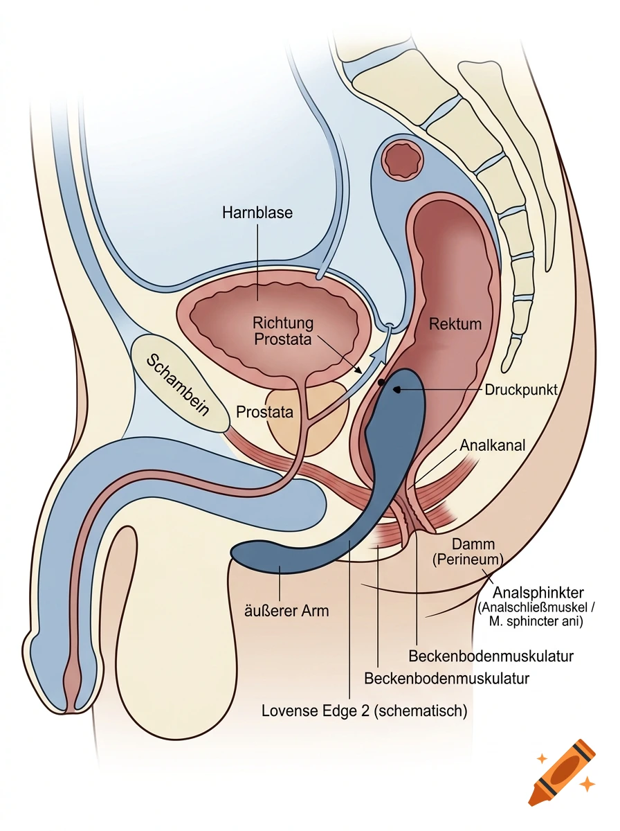 Medical cross-section diagram of the male pelvic anatomy showing the bladder, prostate, and rectum with a medical device inserted.