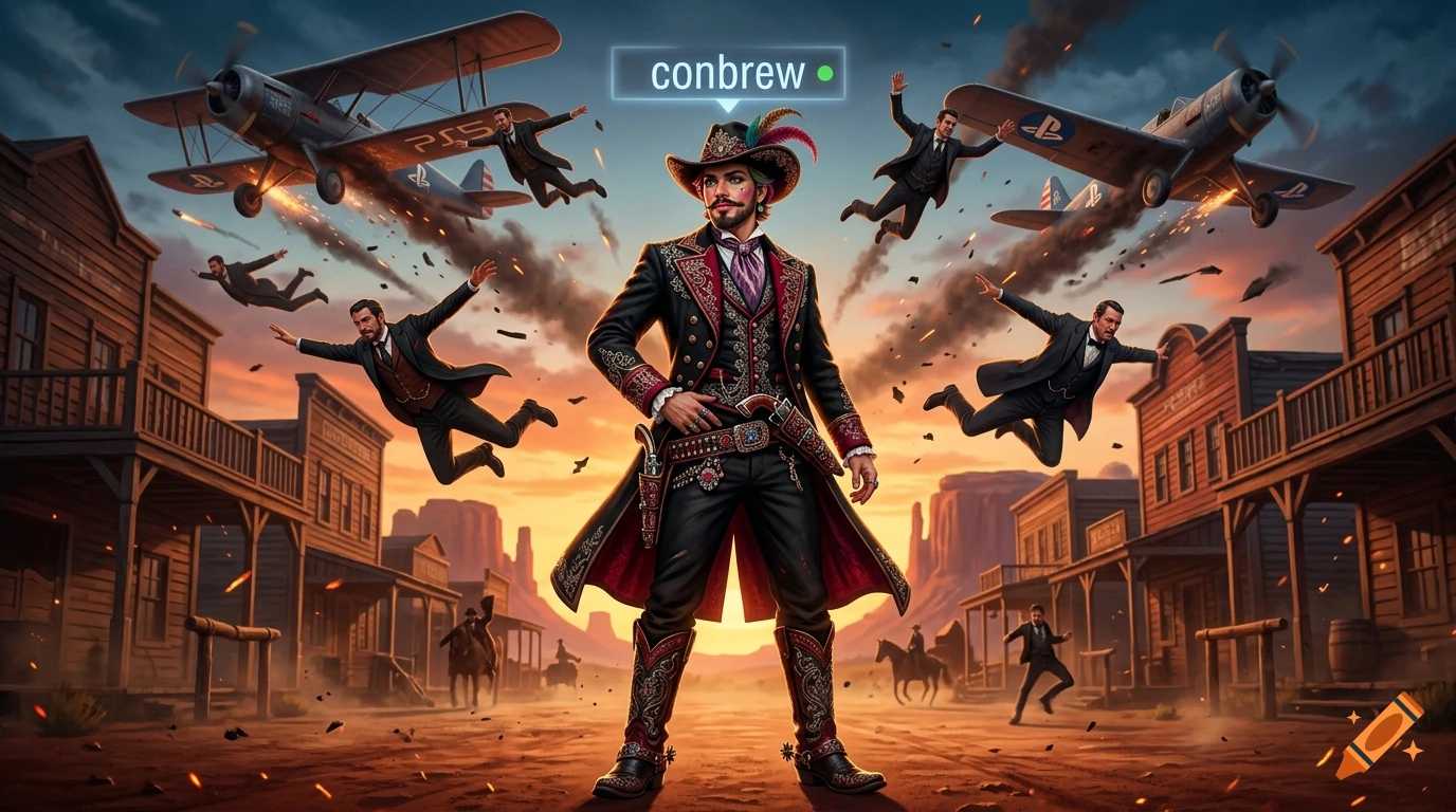 A stylized western outlaw character standing proudly in a dusty town street as men in suits dive from propeller planes above.