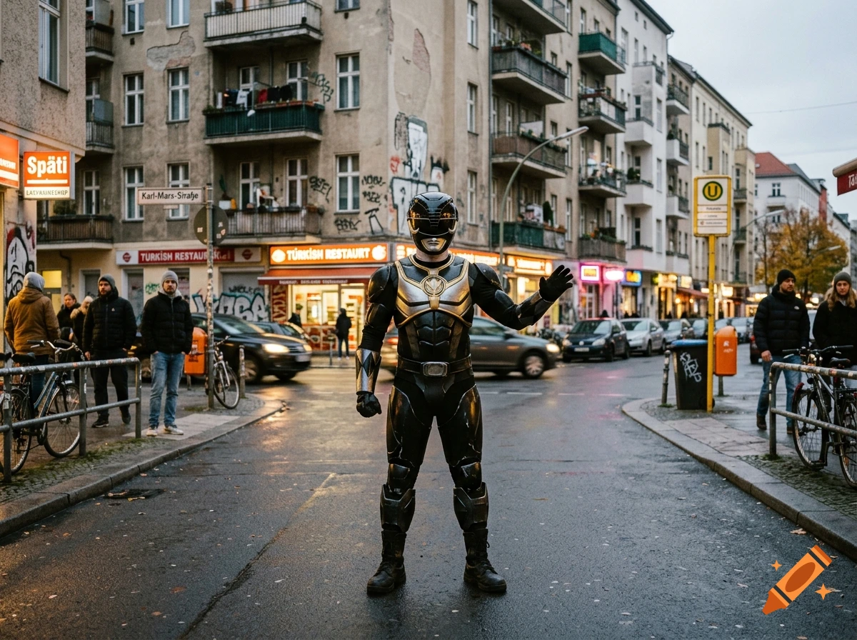 A person in a black Power Ranger suit stands on a wet Berlin street, with pedestrians and buildings in the background. Photorealistic.