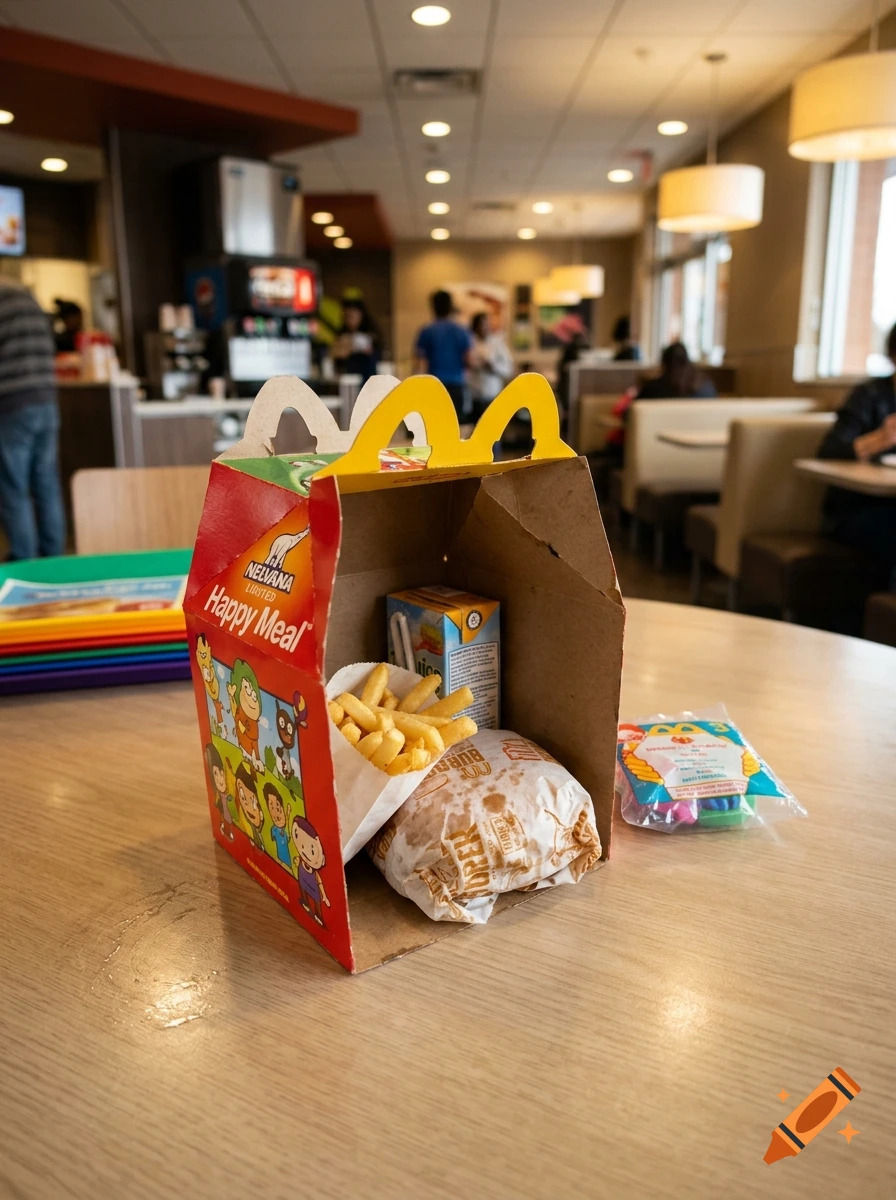A McDonald's Happy Meal box containing fries, a burger, and a juice box on a table inside a fast-food restaurant.