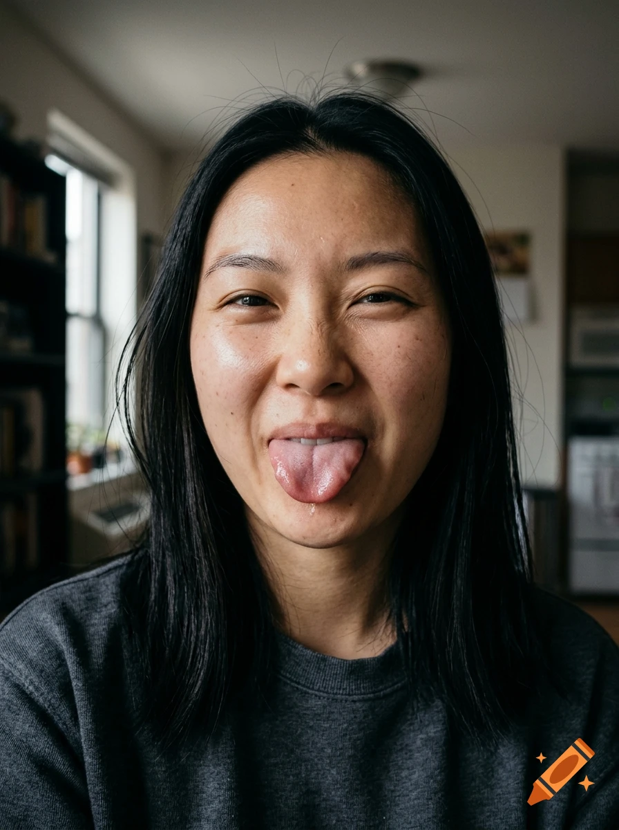 Close-up photorealistic portrait of a young woman with dark hair pulling out her tongue playfully indoors.