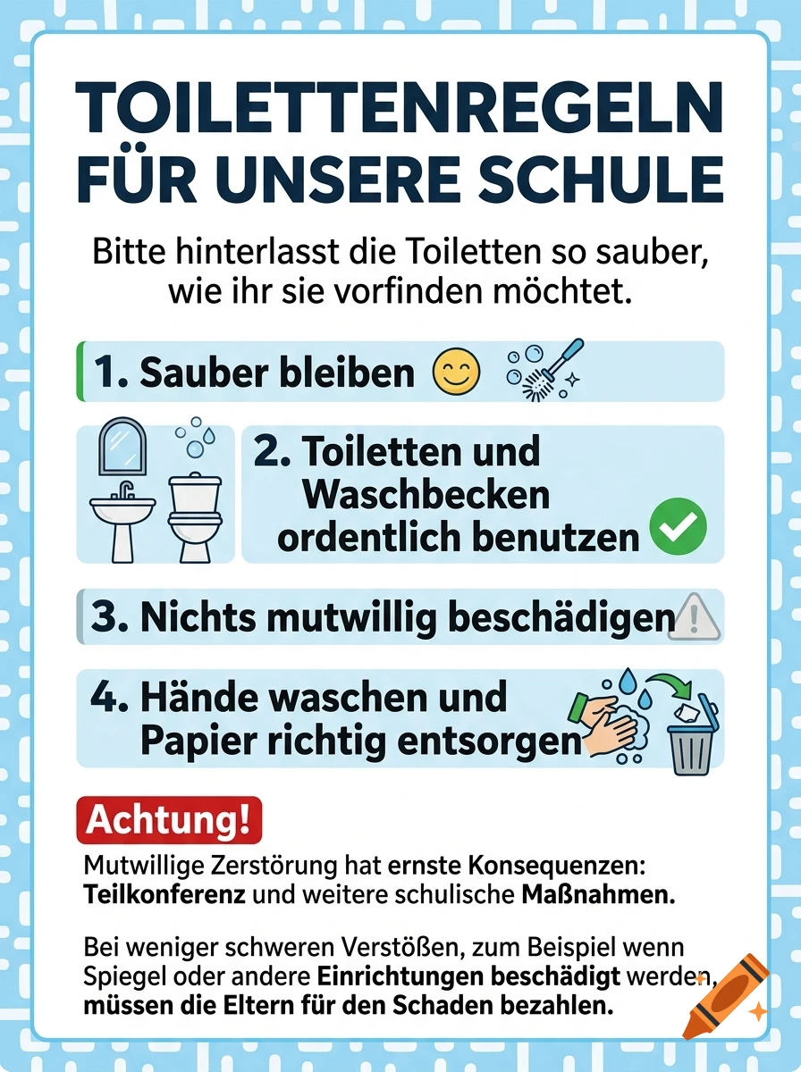 Informational school poster in German detailing bathroom rules and consequences.