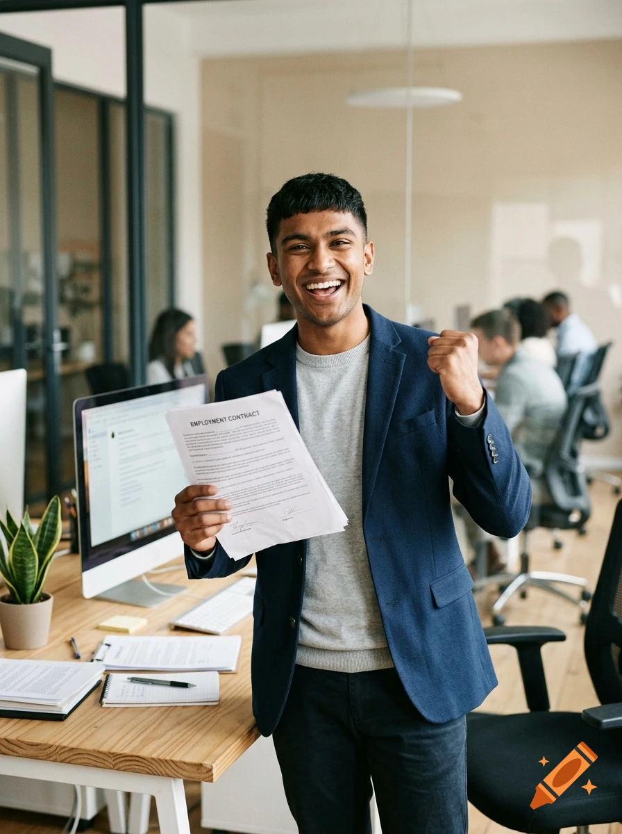 Photorealistic image of a smiling young man in an office, holding an employment contract and celebrating with a raised fist.