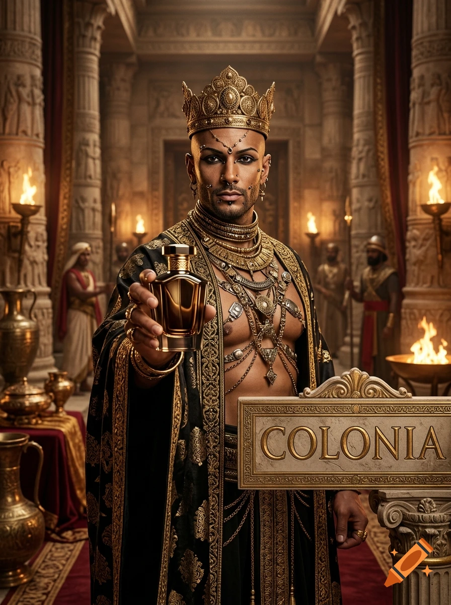 A photorealistic portrait of an ornately dressed king in an ancient palace, holding up a perfume bottle next to a sign reading 'COLONIA'.