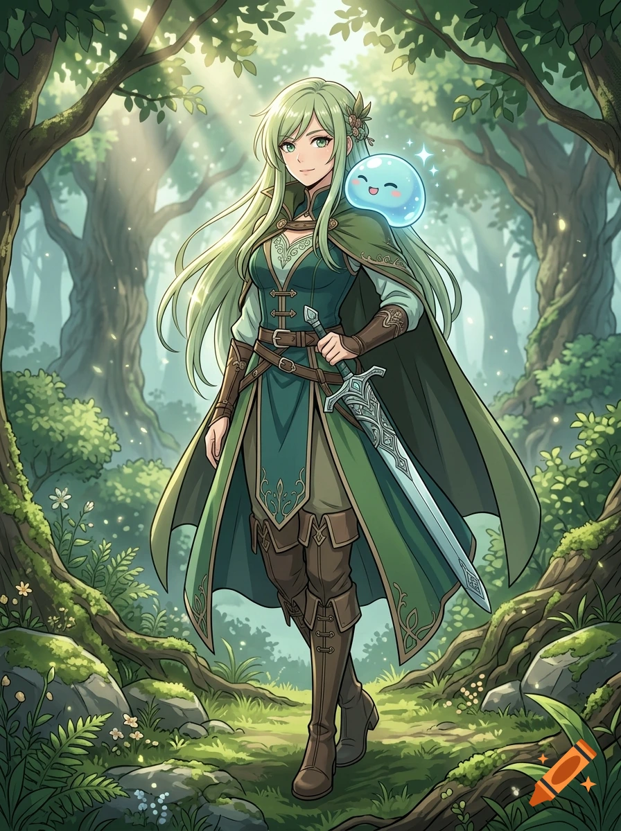 An anime-style illustration of a female adventurer with long green hair, wearing green and brown fantasy garb and holding a sword, standing in a lush forest with a small blue slime creature on her shoulder.