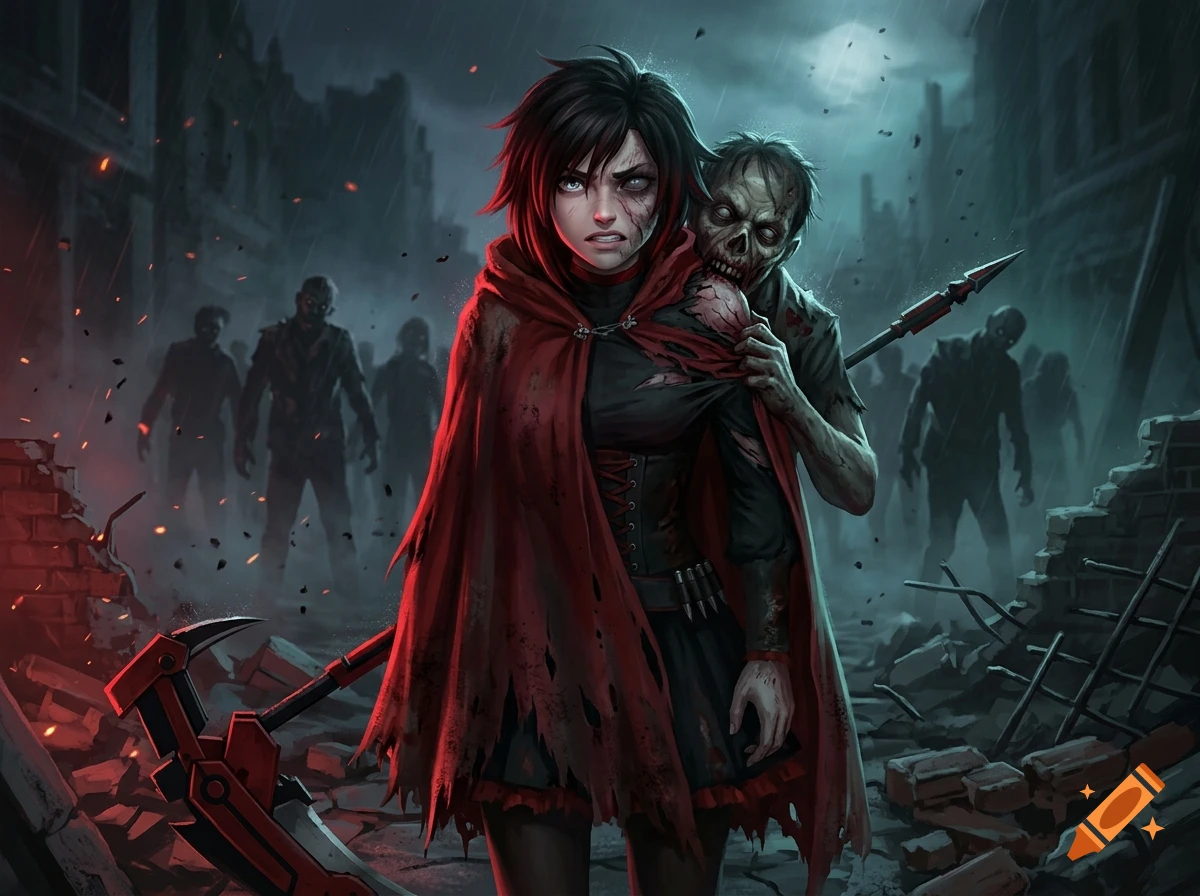 Anime style illustration of Ruby Rose with a red cloak and scythe standing in a ruined city surrounded by zombies.