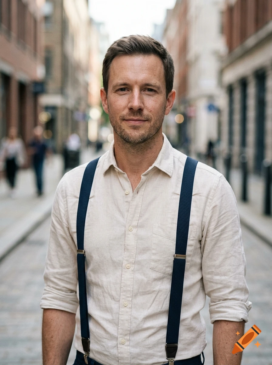 Photorealistic portrait of a man with a beard wearing a light-colored shirt and blue suspenders, standing on a city street.